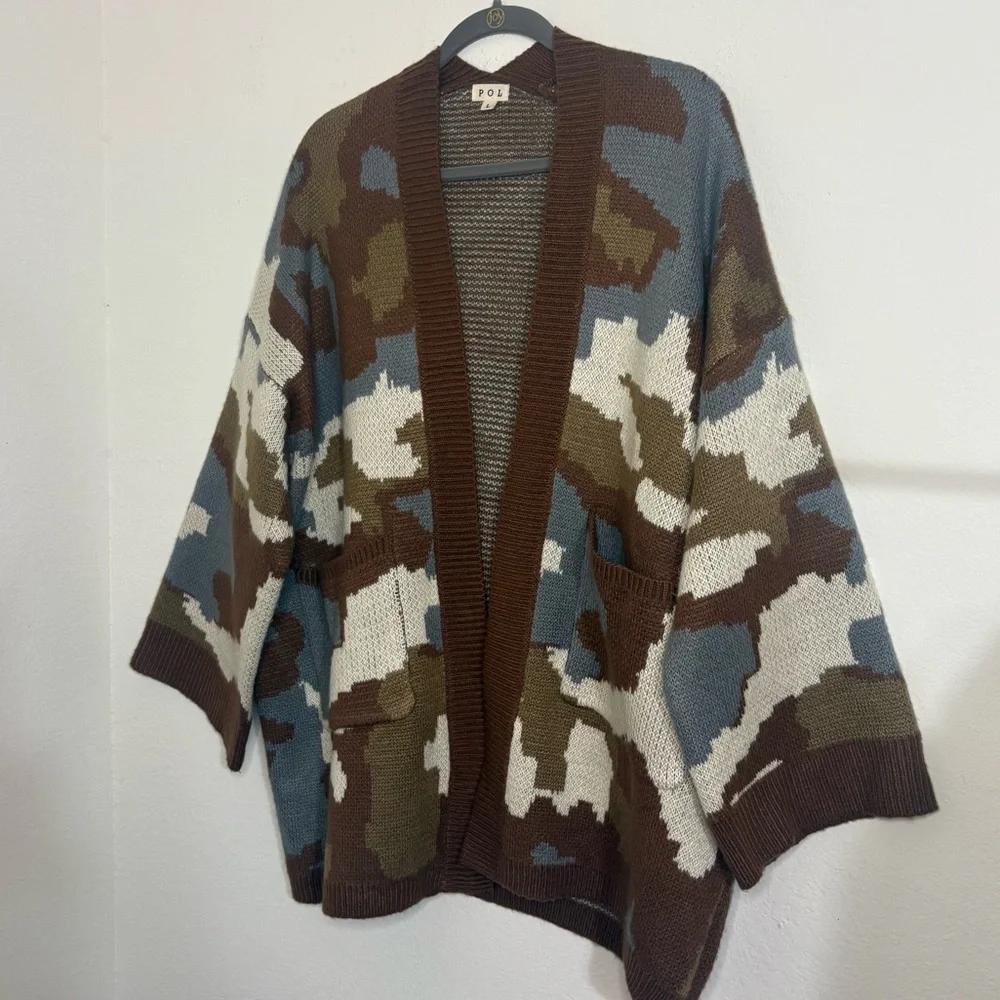 POL Neutral Camouflage open cardigan brown and blue with front pockets size L
